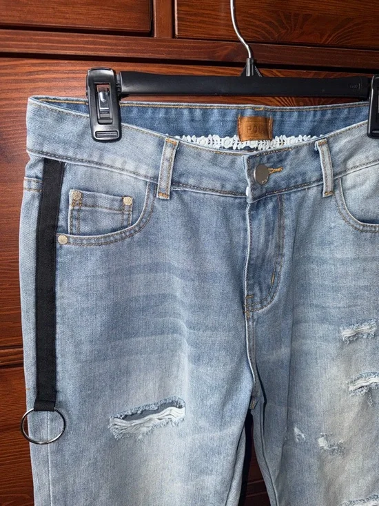 POL Distressed Denim Straight Leg Jeans with Crochet Trim & Black Side Strap - Picture 3 of 7